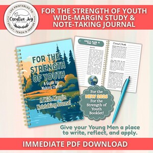 Könnte beinhalten: Ein spiralgebundenes Studien- und Notizbuch mit dem Titel For the Strength of Youth: A Guide for Making Choices. Das Cover zeigt eine Landschaftsillustration mit See und Wald. Eine offene Seite zeigt Text und eine Weltkugelgrafik mit einem blauen Stift.