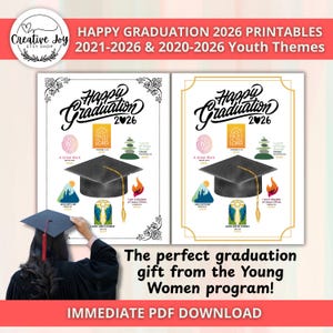 May include: Two graduation-themed printable designs with a black mortarboard, the text "Happy Graduation 2026", and the words "Trust in the Lord". The designs are for the Young Women program and are available for immediate PDF download.