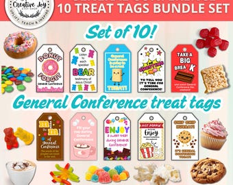 LDS General Conference Treat Tag Bundle Set of 10 Printable | Young Women | Young Men | Primary | Ministering | General Conference Reminders