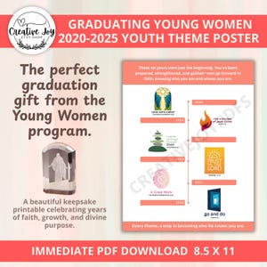 May include: A printable poster for graduating young women. The poster features the Young Women theme for each year from 2020 to 2025. The poster is 8.5 inches by 11 inches.