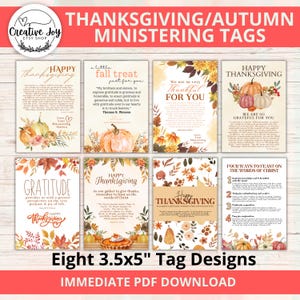 以下が含まれることがあります： カボチャ、葉、花のイラストが描かれた、3.5 x 5インチ（約8.9 x 12.7 cm）の感謝祭と秋のミニスタリングタグ8枚。各タグには、インスピレーションを与える引用句と「Happy Thanksgiving」の文字が記載されています。