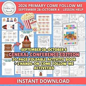 以下が含まれることがあります： 2026年9月28日から10月4日までのPrimary Come Follow Meレッスン用デジタル印刷可能アクティビティセット。20ページの折りたたみ式総大会アクティビティブック、塗り絵、吹き出し、ポップコーンのグラフィック付きの体験型アクティビティが含まれています。