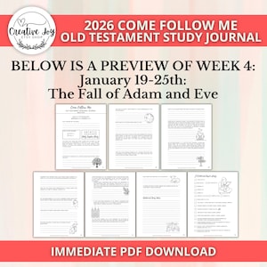 May include: A preview of a 2026 Old Testament study journal. The journal pages are black and white with text and illustrations. The preview includes the week of January 19-25th, focusing on "The Fall of Adam and Eve." The journal is available for immediate PDF download.