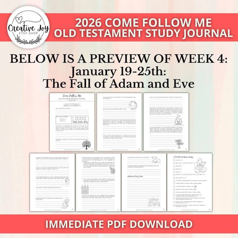 May include: A preview of a 2026 Old Testament study journal. The journal pages are black and white with text and illustrations. The preview includes the week of January 19-25th, focusing on "The Fall of Adam and Eve." The journal is available for immediate PDF download.