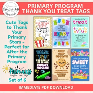 Primary Program Thank You Treat Tags | LDS Primary Presidency Appreciation Tags | Set of 6 Printable Designs | Instant Download