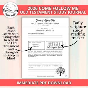 May include: A white Old Testament study journal with the text "Come Follow Me" and "2026." The journal includes sections for scripture study, a daily reading tracker, and prompts for reflection. The journal is available as an immediate PDF download.