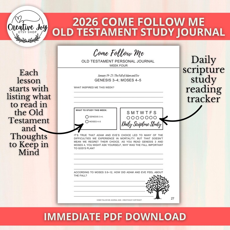 May include: A white Old Testament study journal with the text "Come Follow Me" and "2026." The journal includes sections for scripture study, a daily reading tracker, and prompts for reflection. The journal is available as an immediate PDF download.