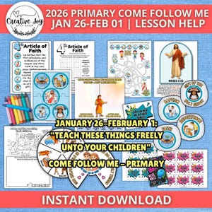 Puede incluir: Una colección de ayudas didácticas imprimibles para el programa 2026 Primary Come Follow Me, que incluye rompecabezas, laberintos y páginas para colorear. Los materiales presentan temas religiosos y texto, con las fechas del 26 de enero al 1 de febrero.