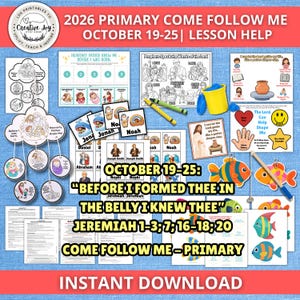 May include: A collection of printable educational materials for the 2026 Primary Come Follow Me lesson for October 19-25. Includes activity sheets, a mobile, colouring pages, flashcards, a yellow cup, crayons, and paper fish with a fishing rod.