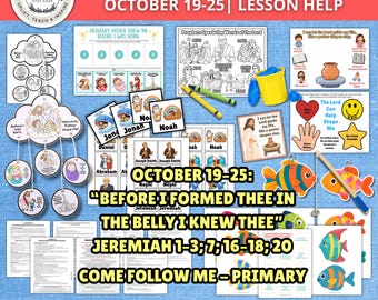 May include: A collection of printable educational materials for the 2026 Primary Come Follow Me lesson for October 19-25. Includes activity sheets, a mobile, colouring pages, flashcards, a yellow cup, crayons, and paper fish with a fishing rod.