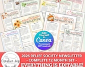 2026 Relief Society Editable Newsletter Bundle | LDS Ward Newsletter | Full Year Set of 12 | Canva Template | Printable Relief Society Pages