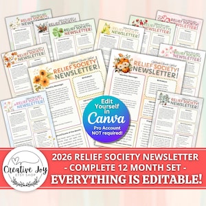 2026 Relief Society Editable Newsletter Bundle | LDS Ward Newsletter | Full Year Set of 12 | Canva Template | Printable Relief Society Pages