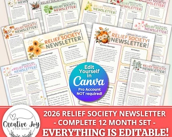 Lot de bulletins modifiables de la Société de Secours 2026 | Bulletin d'information du service SDJ | Ensemble de 12 pièces pour l'année | Modèle de toile | Pages imprimables de la Société de Secours