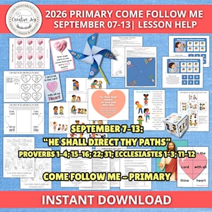 Puede incluir: Una colección de materiales didácticos imprimibles para el plan de estudios 2026 Primary Come Follow Me del 7 al 13 de septiembre. El set incluye hojas de actividades, páginas para colorear, un molinillo de papel y tarjetas con texto.