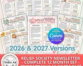 2027 Relief Society Newsletter Template | Oct-Dec 2026 + Full 2027 Year | Editable Free Canva | LDS Monthly Quotes & Weekly Lesson Schedule