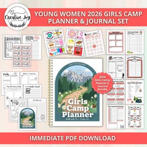 May include: A spiral-bound planner and journal set for Young Women's 2026 Girls Camp. The cover features a path through a forest with the words "Girls Camp Planner." Additional pages include a Secret Sister questionnaire, bingo cards, and a checklist. The words "Immediate PDF Download" are at the bottom.