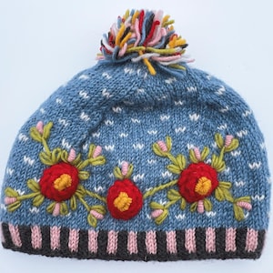Gemütliche Nepal Handmade 100% Wollmütze - Bestickte Warme Mütze mit Fleece Futter Pom-Pom Einzigartiges Geschenk