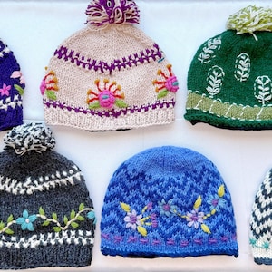Unique Cozy Nepal Hand-Knitted 100% Wool Beanie with Fleece Lining, Embroidered, Warm Wool Hat, pom-pom, spring hat