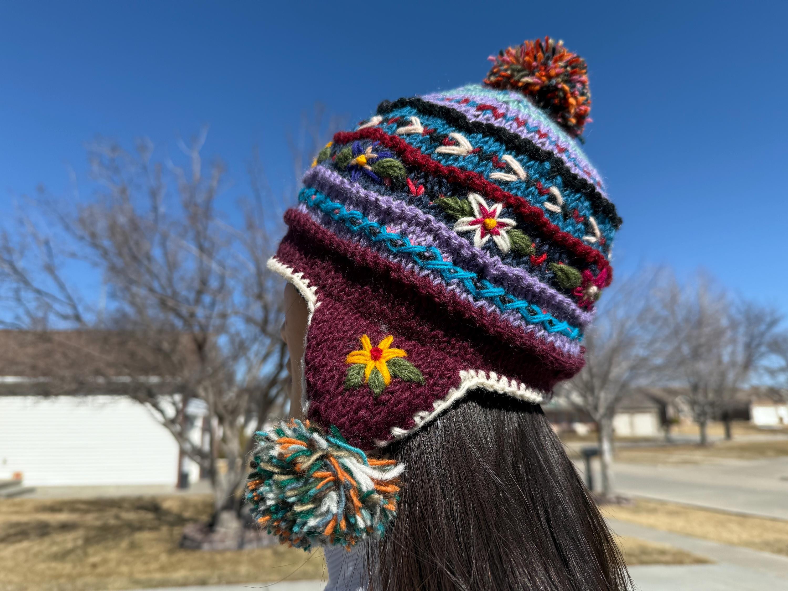 Hand-knitted Wool Earflap Hat – Fleece-lined Nepal Beanie 