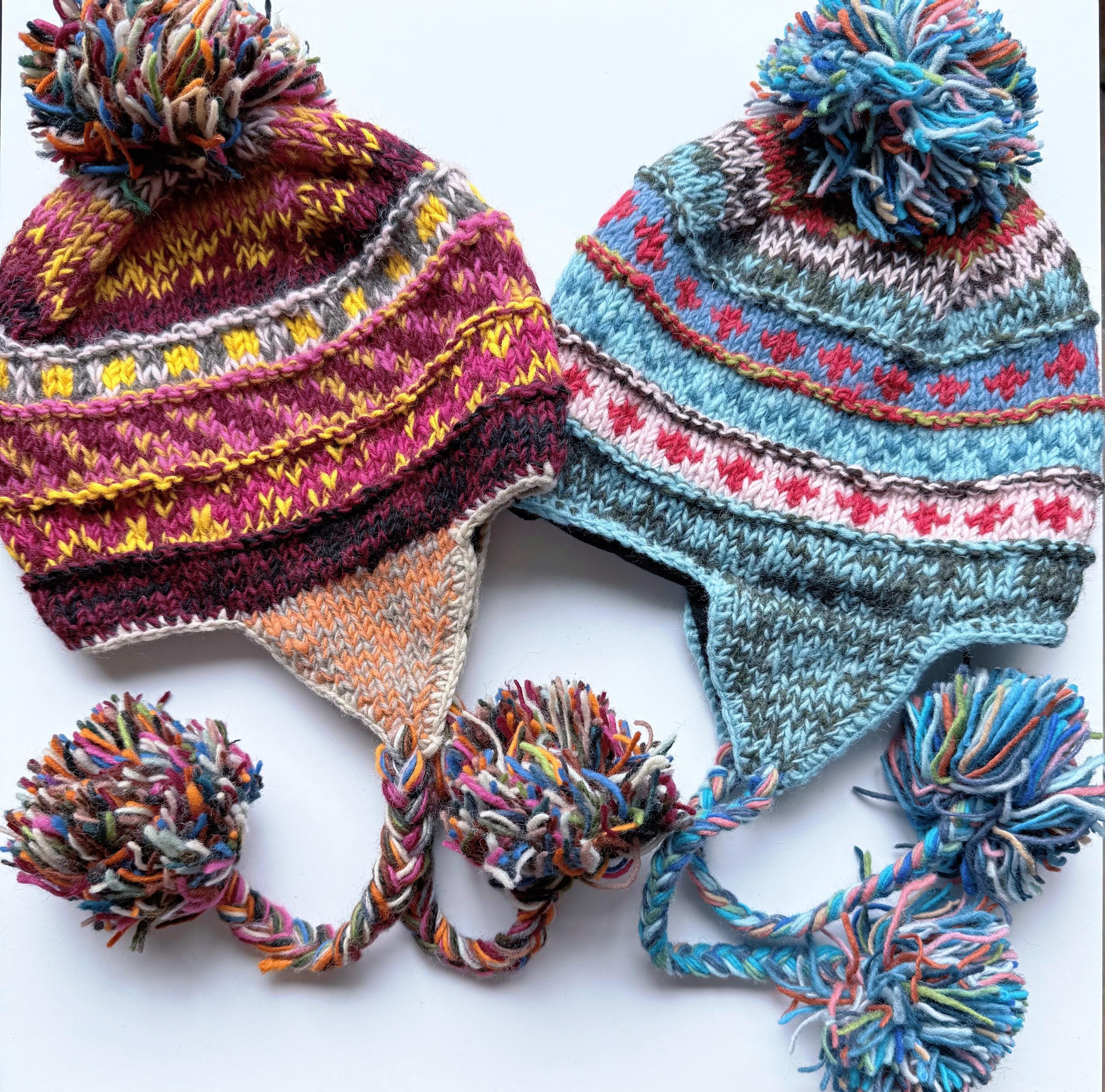 Hand-knitted Wool Earflap Hat – Fleece-lined Nepal Beanie 