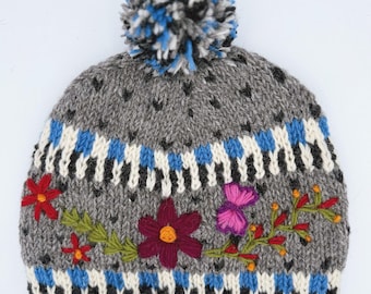 Embroidered Wool Beanie – Handmade Nepal Hat With Fleece  display picture 1