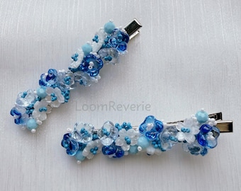 Handmade Blue Floral Beaded Hair Clip | Flower Barrette | Medium Size Hair Clip | Spring and Summer Hair Clip |Blue Flower Hair Clip