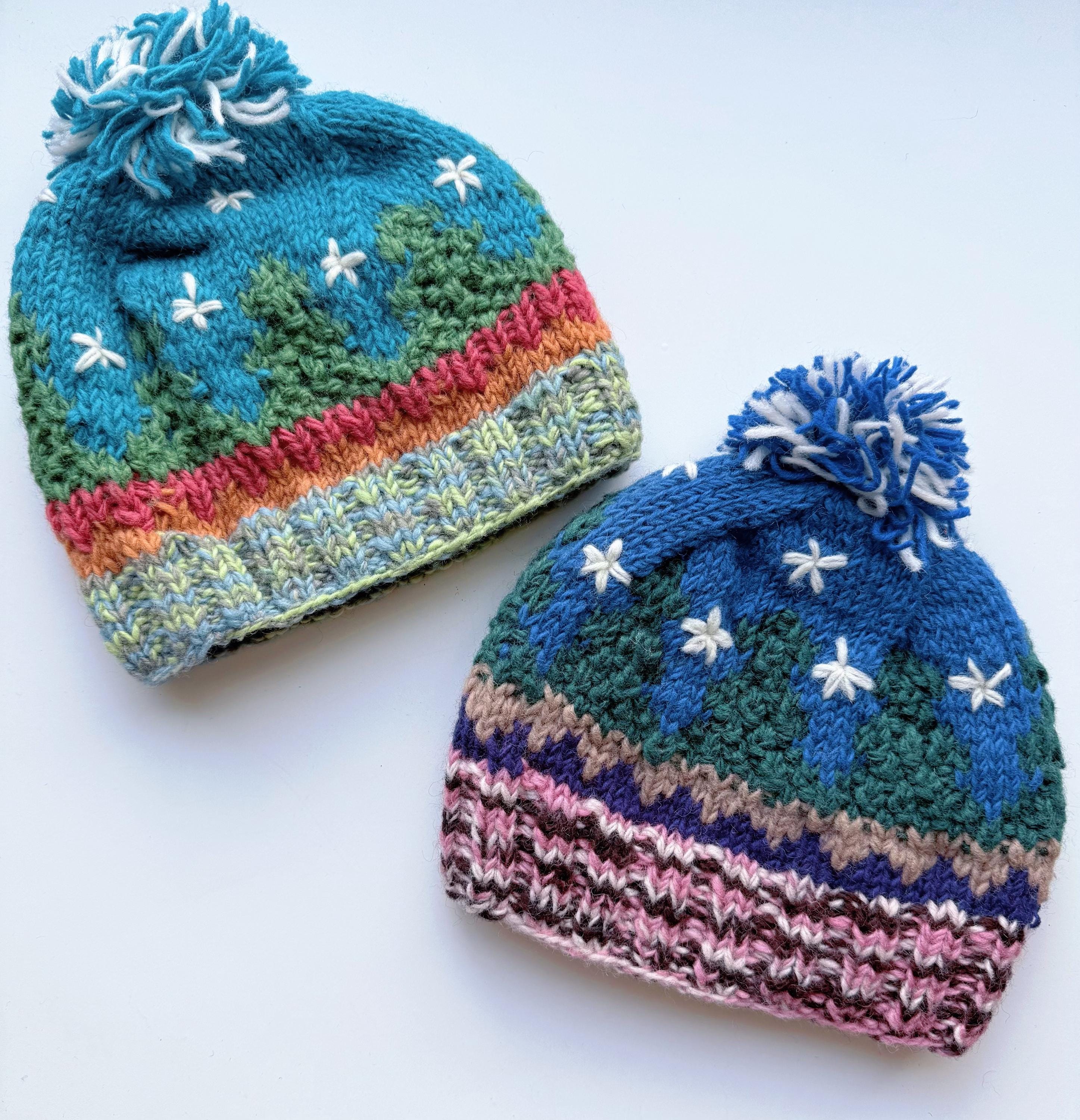 Bonnet Femme En Laine Du Népal Fait Main - Pompon Rose, Motif Géométrique, Hiver Vintage