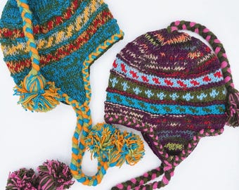 Hand-Knitted Wool Earflap Hat – Fleece-Lined Nepal Beanie with Pom-Pom & Braided Ties | Colorful Winter Skiing or Snowboarding Gift