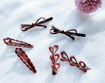Horquillas color burdeos / Pasadores brillantes con lazo, corazón y trenza / Accesorios para el cabello de estilo vintage en color rojo vino