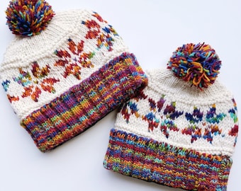 Handstickad ullmössa med pompom | Mysig Fair Isle-mössa med pompom | Mysig vintermössa för vuxna