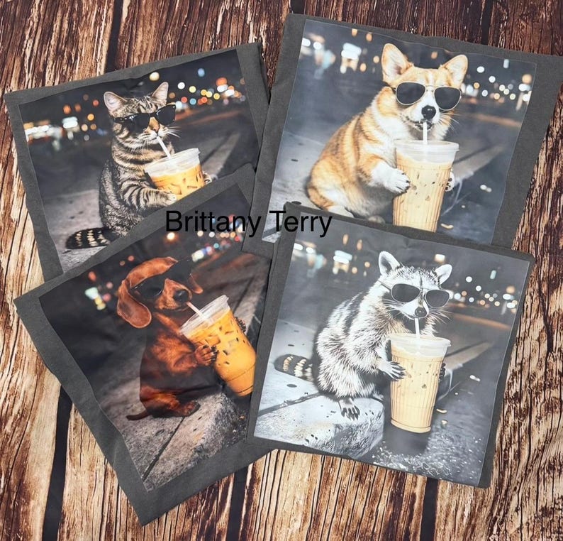Puede incluir: Cuatro posavasos cuadrados de color gris oscuro con ilustraciones de animales. Se representan un gato, un corgi, un perro salchicha y un mapache con gafas de sol y bebiendo caf&eacute; helado. El texto "Brittany Terry" es visible.
