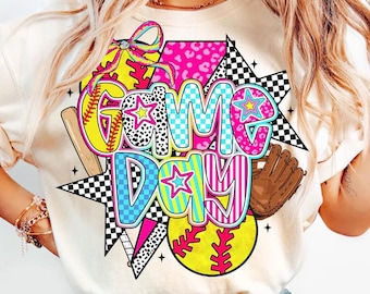 Camiseta para mamá del día del juego de sóftbol / Camiseta gráfica de sóftbol / Camisa deportiva con estrellas a cuadros / Lindo atuendo para el día del juego para mujer