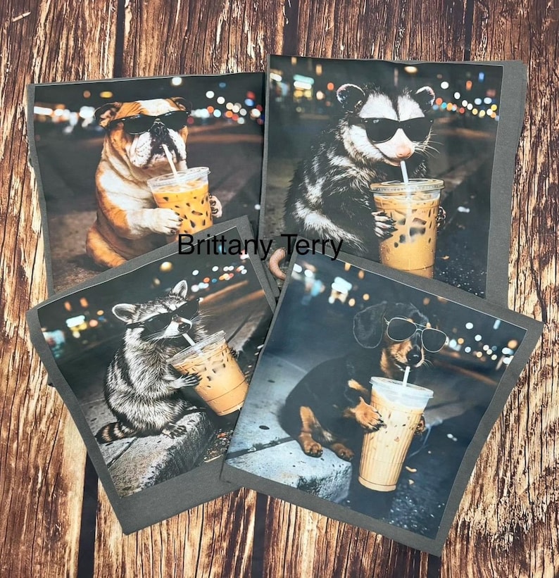 Puede incluir: Cuatro impresiones cuadradas grises que representan animales con gafas de sol y bebiendo caf&eacute; helado. Los animales son un bulldog, una zarig&uuml;eya, un mapache y un perro salchicha. Las impresiones tienen un fondo de escena nocturna de la ciudad y el texto "Brittany Terry".