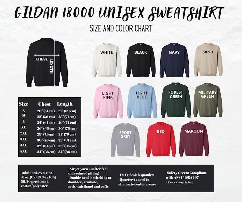 Pu&ograve; includere: Una tabella delle taglie e dei colori per felpe unisex Gildan 18000. La tabella mostra vari colori, tra cui nero, blu navy e rosso. Le misure sono fornite in centimetri per il petto e la lunghezza, con taglie dalla S alla 5XL.