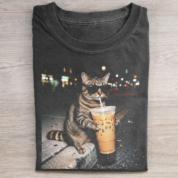 Cat Drinking Iced Coffee Shirt | Funny Animal Meme Tee | Coffee Lover Cat Shirt | Comfort Colors Tshirt, Unisex Graphic T Shirt
