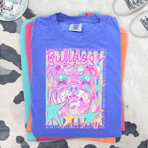 May include: A blue short-sleeve t-shirt featuring a graphic print of a bulldog wearing star-shaped sunglasses. The design includes the text "Bulldogs" and "Brittany Terry" in pink, surrounded by colorful star shapes and vertical stripes on a blue background.
