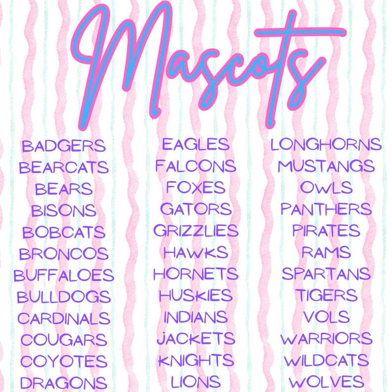 May include: A digital print featuring the word Mascots in a large pink and blue script font at the top. Below, three columns of purple text list various team names including Badgers, Bearcats, Bears, Eagles, Falcons, and others on a wavy pink striped background.