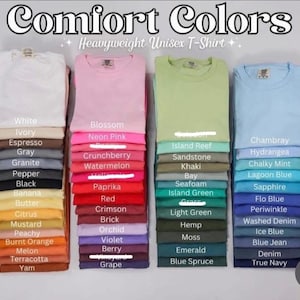 Pu&ograve; includere: Pile di magliette unisex Comfort Colors pesanti in vari colori, tra cui bianco, rosa, verde e blu. L'immagine mostra una vasta gamma di tonalit&agrave;, dai pastelli chiari alle tonalit&agrave; pi&ugrave; scure, con ogni colore etichettato.