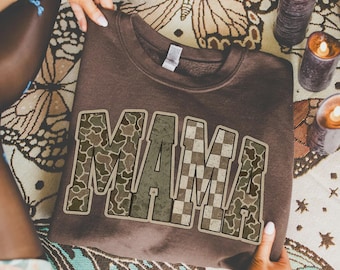 Sudadera retro de camuflaje para mamá, Camiseta de temporada de caza de ciervos, Suéter vintage de camuflaje de pato, Sudadera de cuello redondo de camuflaje de otoño