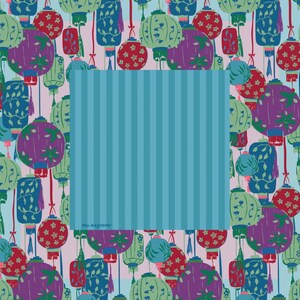 Może przedstawiać: Kolorowy wz&oacute;r z wiszącymi lampionami w odcieniach fioletu, czerwieni, zieleni i niebieskiego. Lampiony mają kwiatowe i geometryczne wzory. Obecny jest r&oacute;wnież centralny kwadrat z pionowymi niebieskimi paskami.