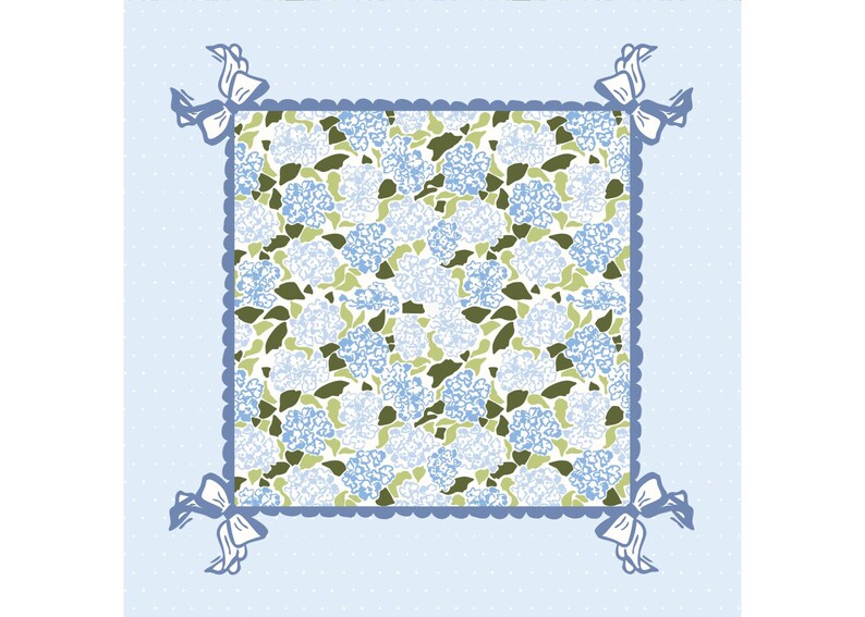 May include: A square floral pattern with blue and white hydrangea flowers and green leaves. The pattern is framed by a light blue border with a scalloped edge and bows at each corner. The background is light blue with white polka dots.