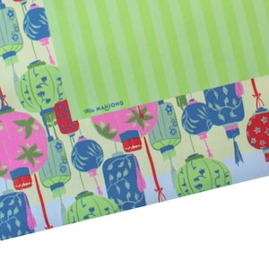 May include: A colorful patterned fabric featuring hanging lanterns in pink, blue, and green against a light yellow background. The top right corner has a section with green vertical stripes. The text "MAHJONG" is visible.