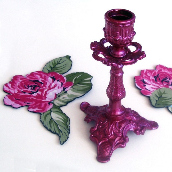 French Candle Holder Amaranth Vintage Rustic OOAK Unique Floral