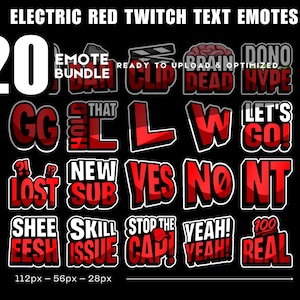 Pode incluir: Um gráfico preto com 20 emotes de texto Twitch vermelhos e brancos. Os emotes incluem palavras como "GG", "YES", "NO" e "REAL". O texto "ELECTRIC RED TWITCH TEXT EMOTES" está no topo. A imagem é otimizada para 112px, 56px e 28px.