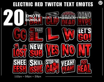 Op de afbeelding: Een zwarte afbeelding met 20 rode en witte Twitch-tekst-emotes. De emotes bevatten woorden als "GG", "YES", "NO" en "REAL". De tekst "ELECTRIC RED TWITCH TEXT EMOTES" staat bovenaan. De afbeelding is geoptimaliseerd voor 112px, 56px en 28px.
