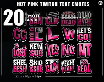 Paquete de 20 emoticonos de texto rosa fucsia para Twitch / Ban, GG, L, W, Let's Go, Clip y más / Fácil de leer / Descarga instantánea