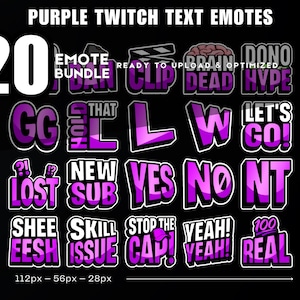 Lot de 20 émoticônes texte Twitch VIOLET | Interdiction, GG, L, W, Let's Go, Clip et plus | Facile à lire | Téléchargement instantané