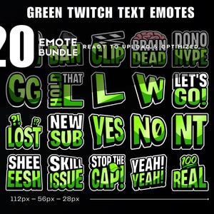 Paquete de 20 emoticones de texto VERDES para Twitch: Ban, GG, L, W, Let's Go, Clip y más. Fácil de leer. Descarga instantánea.