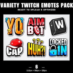 ¡PACK DE 6 Emotes de texto para Twitch VARIEDAD! / Cap, Eh, Apuntar con el robot, Tecla W, Yo, Fijo / Fácil de leer / Descarga instantánea