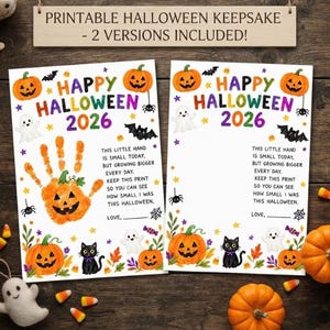 Könnte beinhalten: Zwei weiße, rechteckige, druckbare Halloween-Erinnerungsblätter mit bunten Illustrationen von Kürbissen, Geistern, Fledermäusen und einer schwarzen Katze. Der Text lautet Happy Halloween 2026 und enthält ein Gedicht über Handabdrücke.